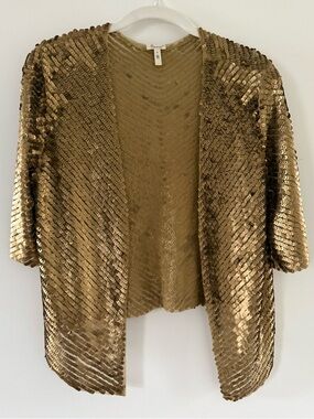 Flounce Gold Sequin Open Front Jacket Cropped Party Cardigan XS